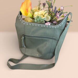 The Sak Lucia Leather Crossbody Bag Sage Green Crochet Trim Bucket Style Boho